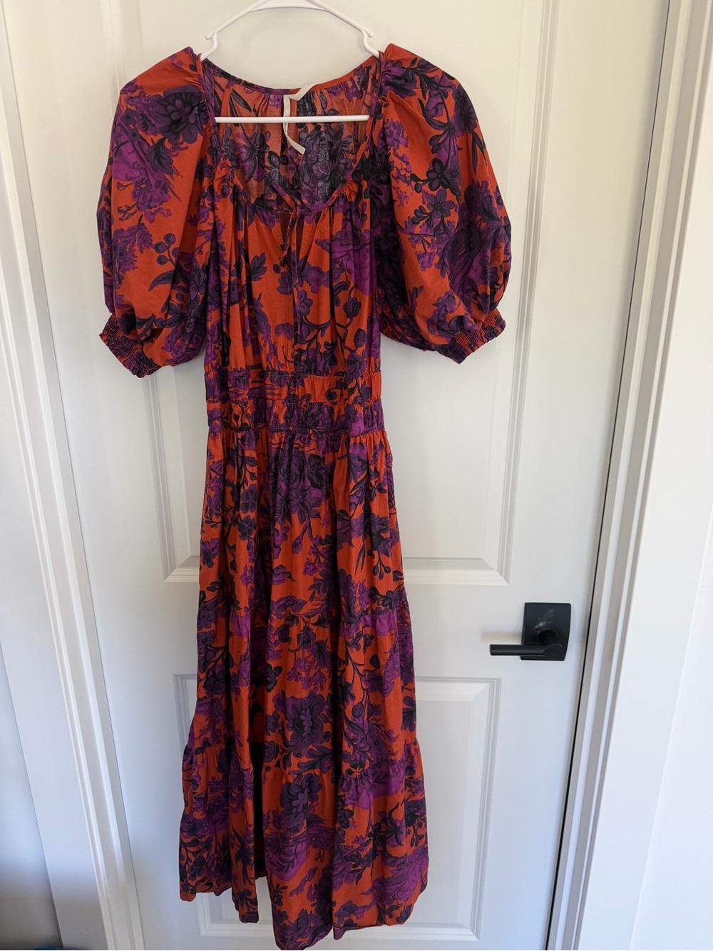 Mauve Anthropologie Orange and Purple Floral Tiered Maxi Dress with Puff Sleeves